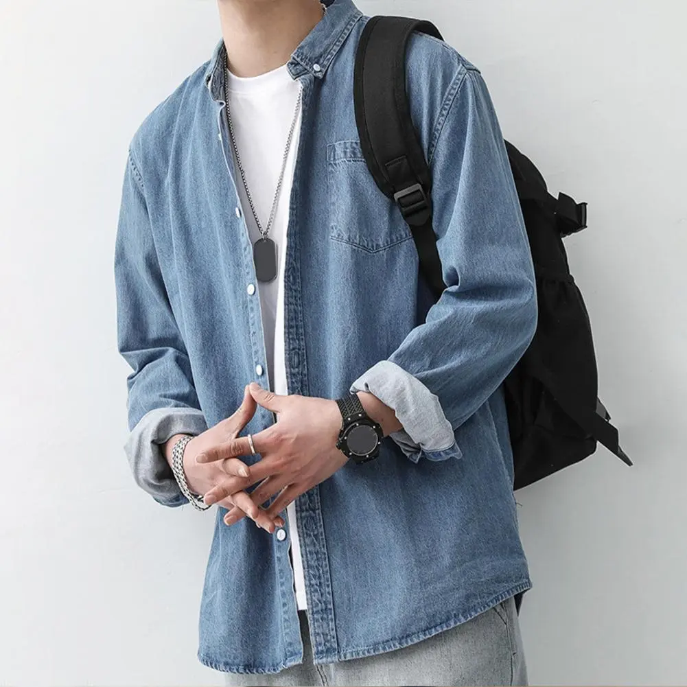 Men Loose Fit Denim Shirt Stylish Men Long Sleeve Shirt Casual Men's Denim Shirt Long Sleeve Lapel Button Down for Daily