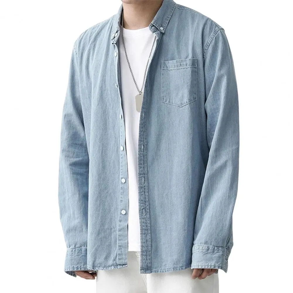 Men Loose Fit Denim Shirt Stylish Men Long Sleeve Shirt Casual Men's Denim Shirt Long Sleeve Lapel Button Down for Daily