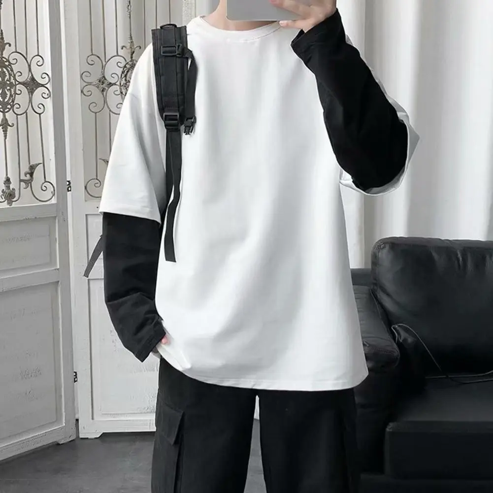 2025 Fake Two Piece Men T-shirt O Neck Long Sleeve Contrast Color Men Loose Pullover Spring Loose Patchwork Bottoming T-Shirts