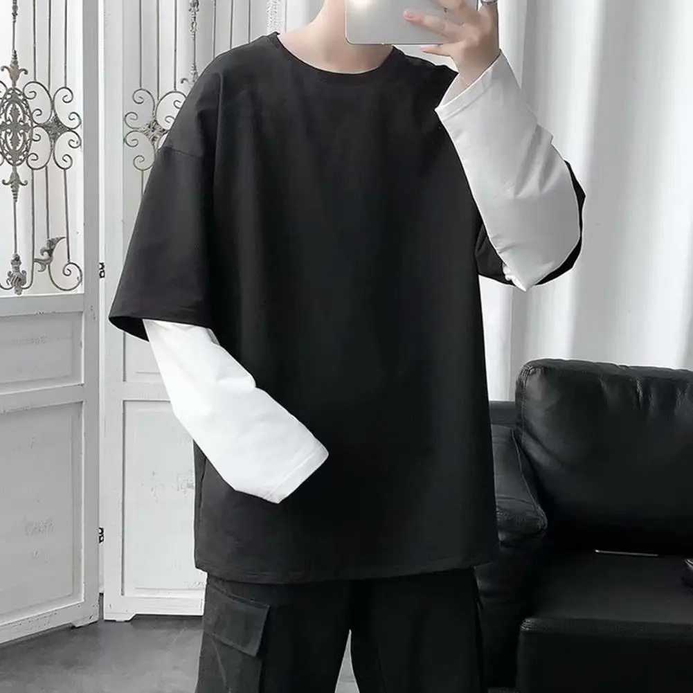 2025 Fake Two Piece Men T-shirt O Neck Long Sleeve Contrast Color Men Loose Pullover Spring Loose Patchwork Bottoming T-Shirts