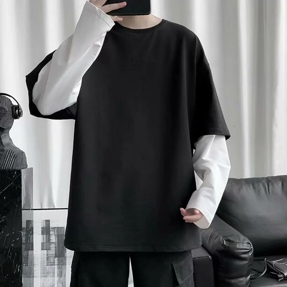 2025 Fake Two Piece Men T-shirt O Neck Long Sleeve Contrast Color Men Loose Pullover Spring Loose Patchwork Bottoming T-Shirts