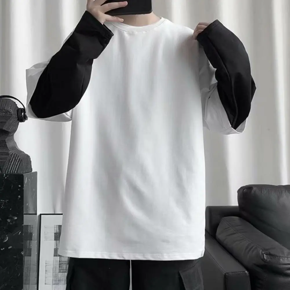 2025 Fake Two Piece Men T-shirt O Neck Long Sleeve Contrast Color Men Loose Pullover Spring Loose Patchwork Bottoming T-Shirts