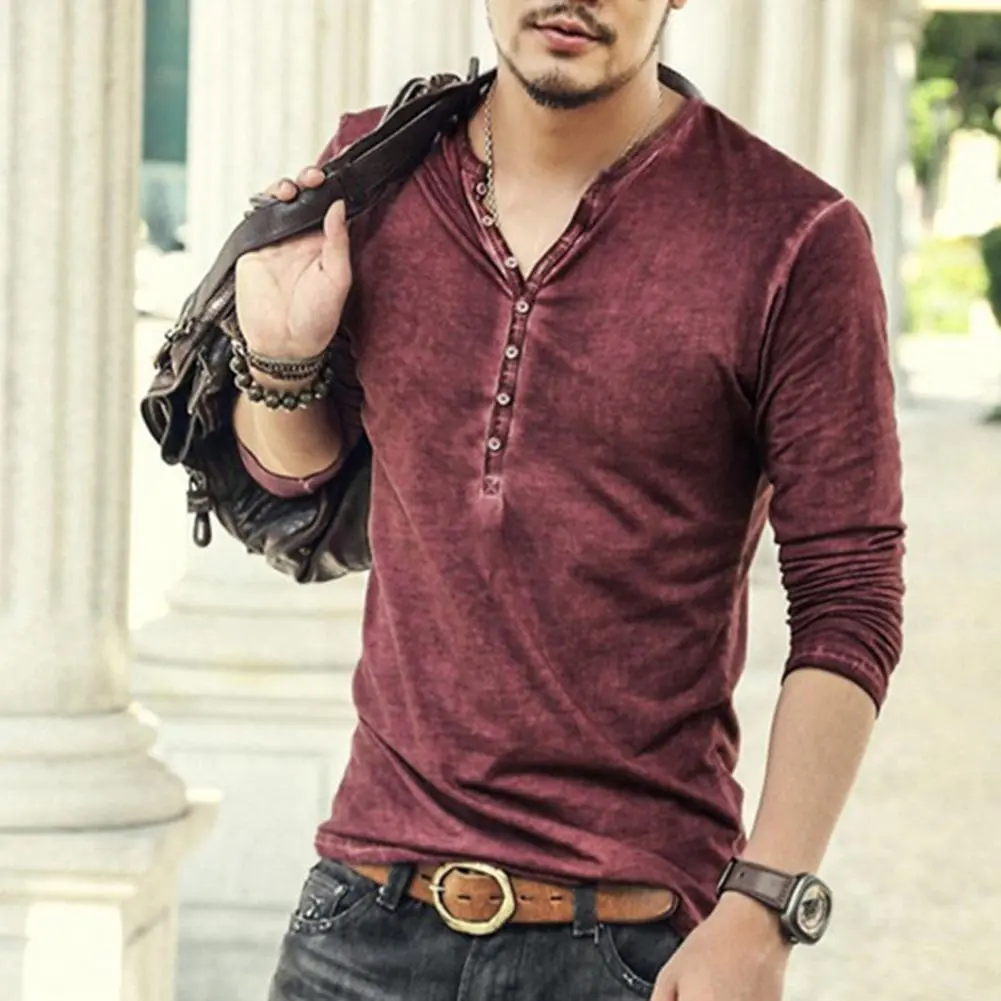 Solid Color Men T-shirt Solid Color Casual V Neck Thin Buttons T-shirt All-match Men's Vintage Slim Long Sleeve Casual T-shirt