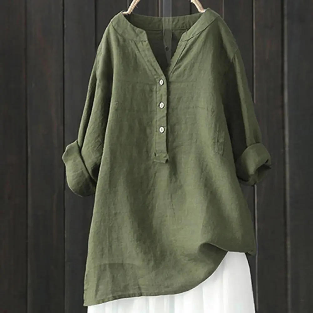 Women Cotton Linen Long Blouse Shirt Summer Vintage Long Sleeve V Neck Blouses Spring Loose Blusas Casual Shirt Top Mid-length