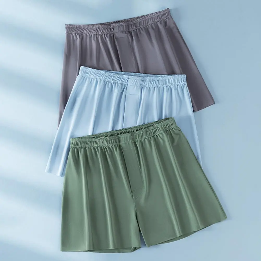 2025 L-4XL Men Summer Ice Silk Shorts Briefs Mid-rise Elastic Waistband Seamless Thin Underwear Loose Wide Leg Sleeping Shorts