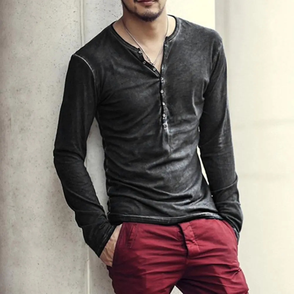 Solid Color Men T-shirt Solid Color Casual V Neck Thin Buttons T-shirt All-match Men's Vintage Slim Long Sleeve Casual T-shirt