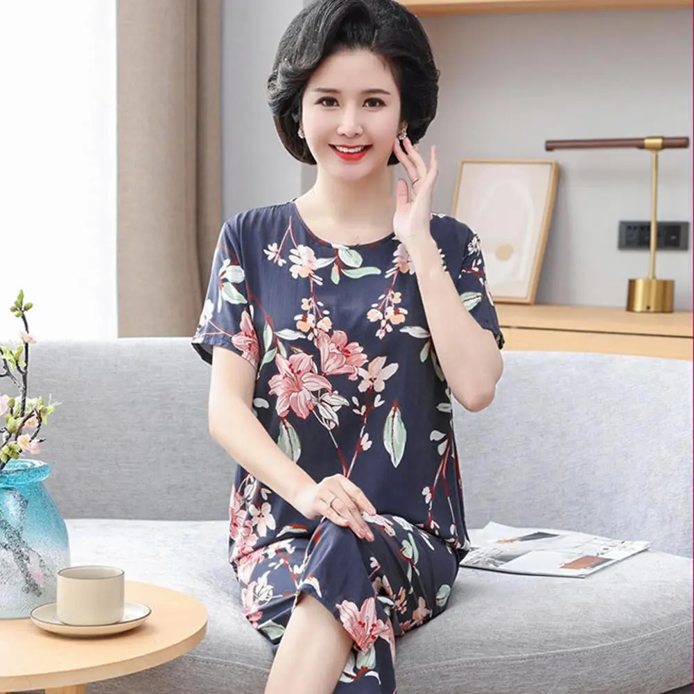 2025 Mid-aged Women Pajamas Set Flower Print Short Sleeve Three-quarter Pajama Top Elastic Waist Wide Leg Soft Mother Sleepwear
