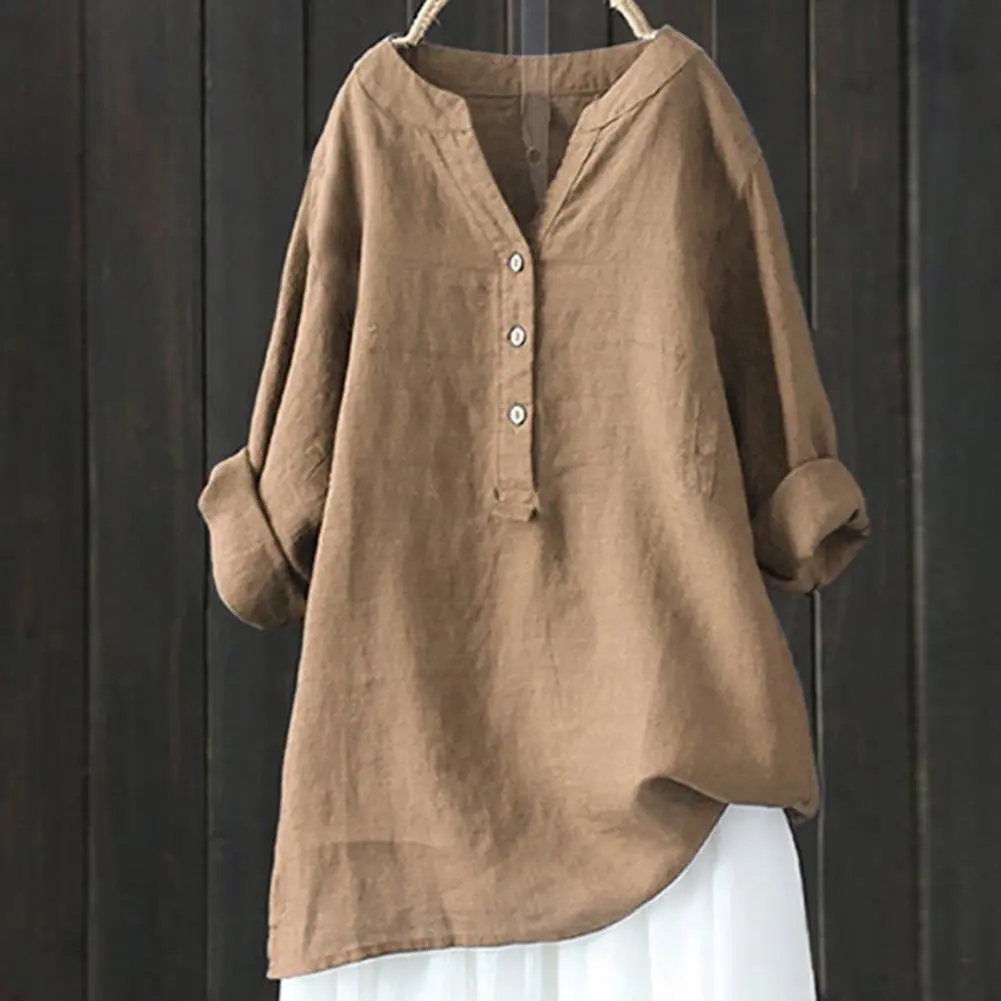 Women Cotton Linen Long Blouse Shirt Summer Vintage Long Sleeve V Neck Blouses Spring Loose Blusas Casual Shirt Top Mid-length