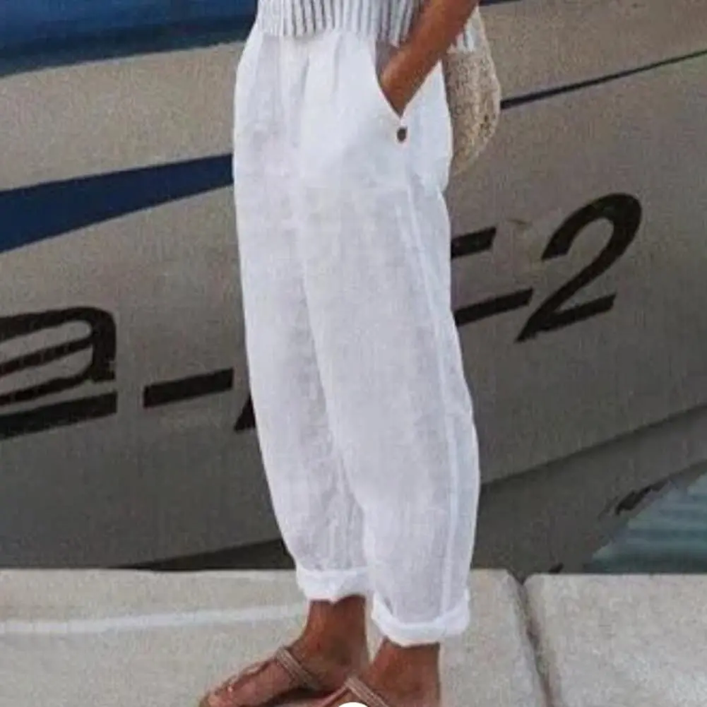 2025 Cotton Flax Women Harem Pants Vintage Straight Leg Pants Summer Solid Color Temperament Commuting Pockets Casual Pants
