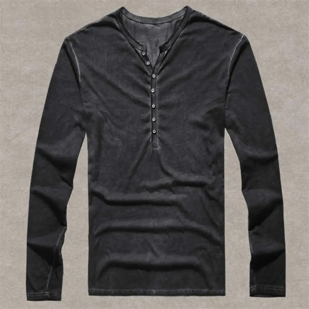 Solid Color Men T-shirt Solid Color Casual V Neck Thin Buttons T-shirt All-match Men's Vintage Slim Long Sleeve Casual T-shirt