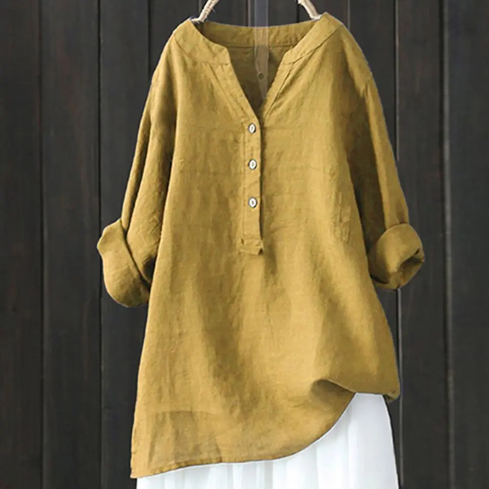 Women Cotton Linen Long Blouse Shirt Summer Vintage Long Sleeve V Neck Blouses Spring Loose Blusas Casual Shirt Top Mid-length