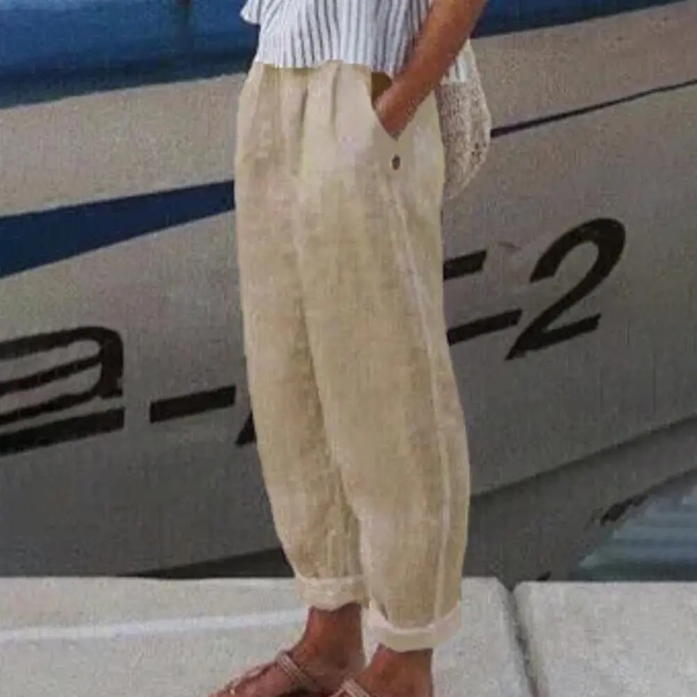 2025 Cotton Flax Women Harem Pants Vintage Straight Leg Pants Summer Solid Color Temperament Commuting Pockets Casual Pants