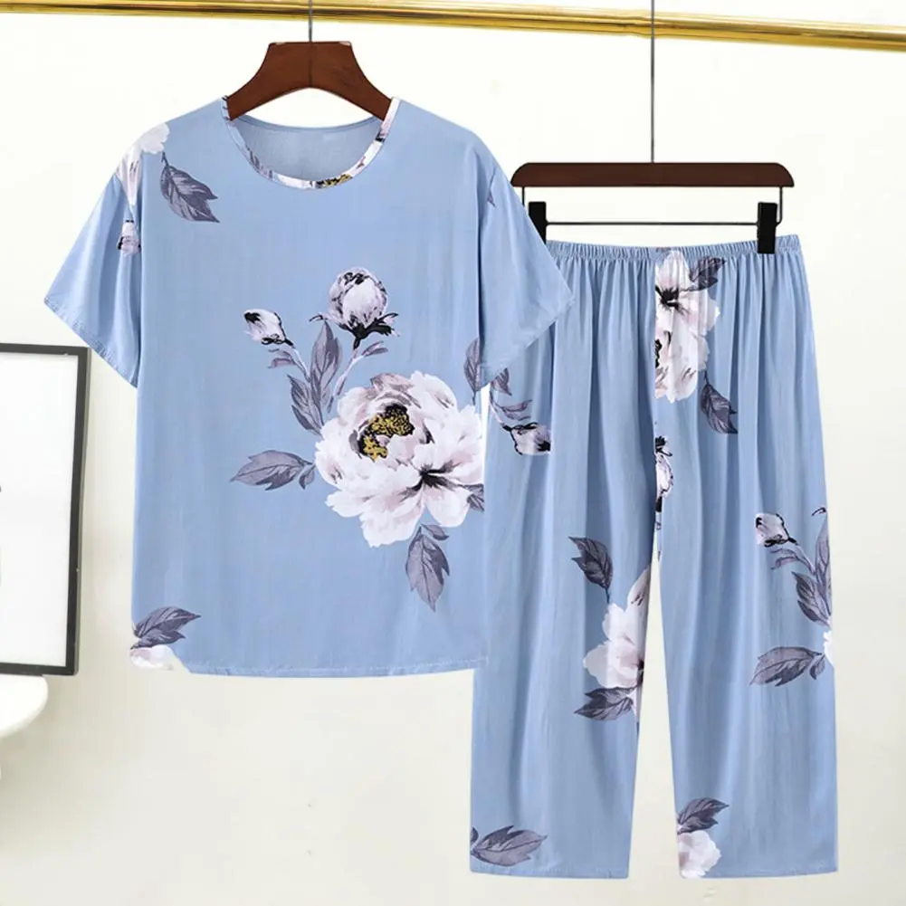 2025 Mid-aged Women Pajamas Set Flower Print Short Sleeve Three-quarter Pajama Top Elastic Waist Wide Leg Soft Mother Sleepwear
