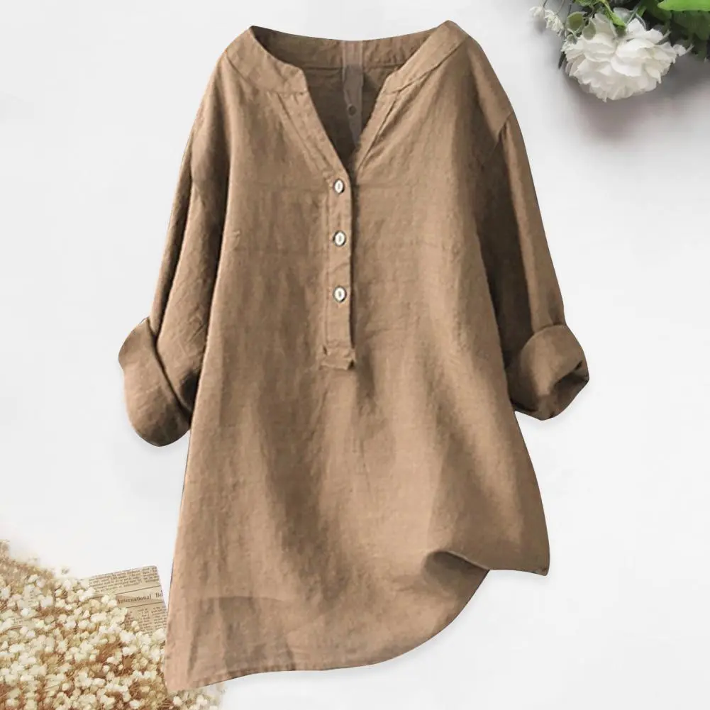 Women Cotton Linen Long Blouse Shirt Summer Vintage Long Sleeve V Neck Blouses Spring Loose Blusas Casual Shirt Top Mid-length