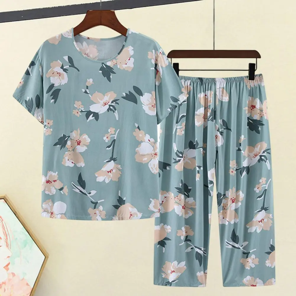 2025 Mid-aged Women Pajamas Set Flower Print Short Sleeve Three-quarter Pajama Top Elastic Waist Wide Leg Soft Mother Sleepwear
