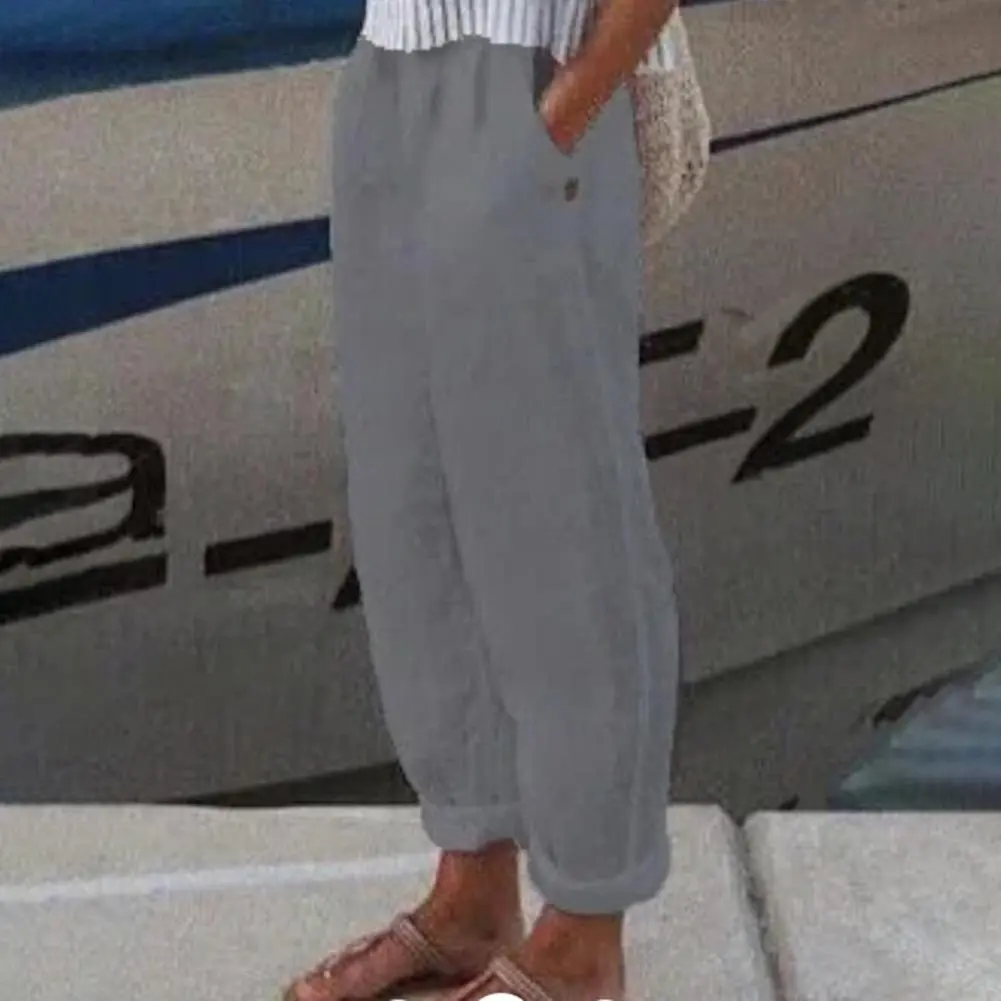 2025 Cotton Flax Women Harem Pants Vintage Straight Leg Pants Summer Solid Color Temperament Commuting Pockets Casual Pants