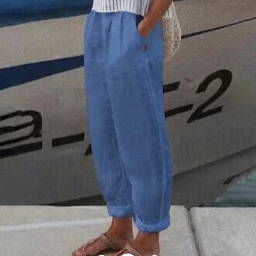 2025 Cotton Flax Women Harem Pants Vintage Straight Leg Pants Summer Solid Color Temperament Commuting Pockets Casual Pants