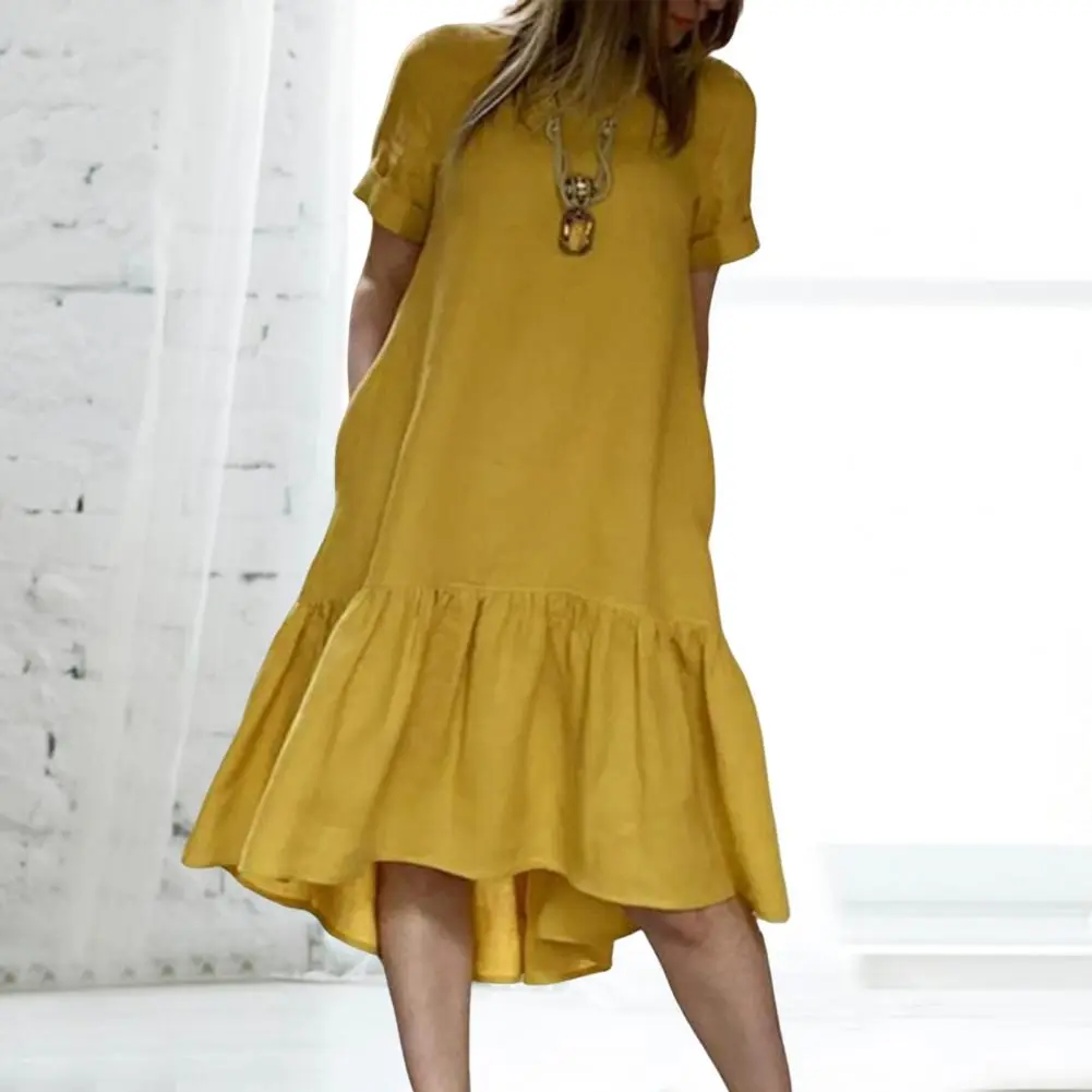 Women Sundress Solid Color A-line Knee Length Casual Beach Midi Dress Summer O Neck Ruffle Hem Patchwork Short Sleeves