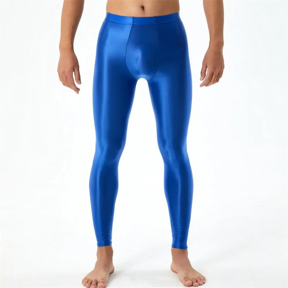 Men Jonhs Silky Glossy Leggings Sexy Yoga Sports Stretchy Skinny Pants Solid Color Workout Bottoms Trousers Compression Tights