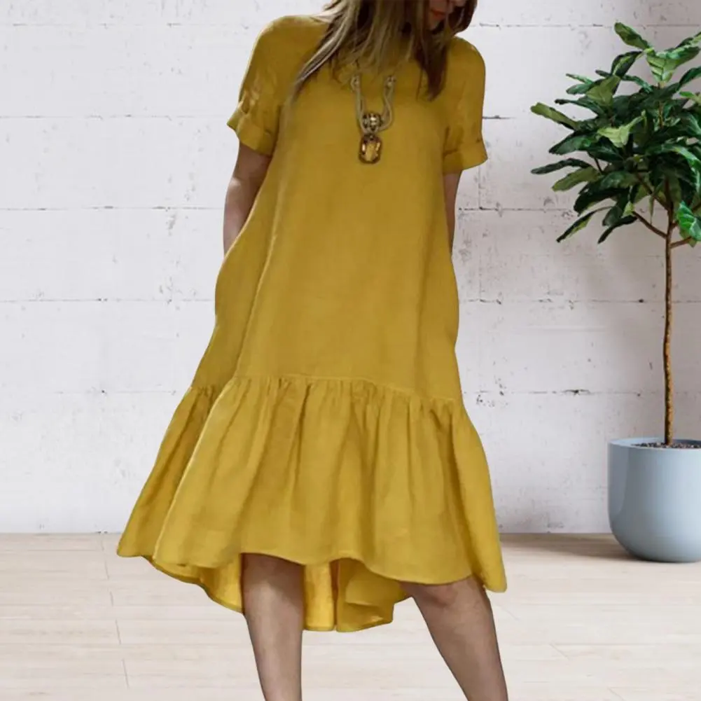 Women Sundress Solid Color A-line Knee Length Casual Beach Midi Dress Summer O Neck Ruffle Hem Patchwork Short Sleeves