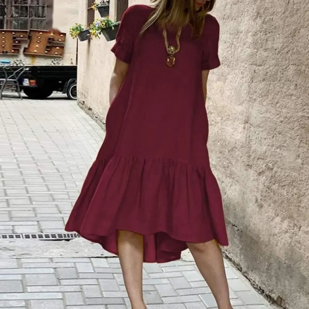 Women Sundress Solid Color A-line Knee Length Casual Beach Midi Dress Summer O Neck Ruffle Hem Patchwork Short Sleeves
