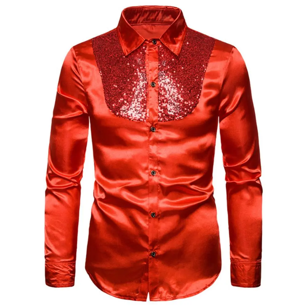 Shiny Sequins Men Shirt Long Sleeve Shiny Sequins Buttons Stage Business Nightchlub Shirt Solid Color Buttons Down Shirts