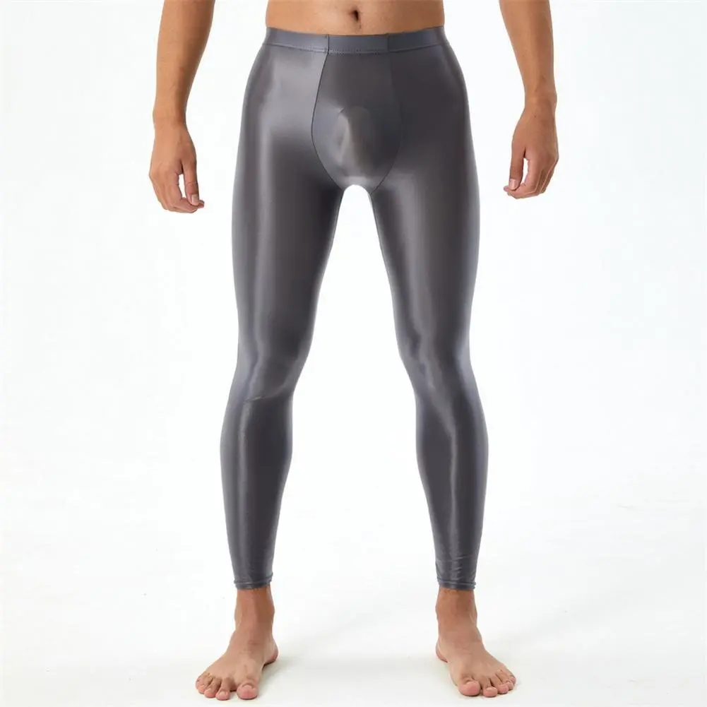 Men Jonhs Silky Glossy Leggings Sexy Yoga Sports Stretchy Skinny Pants Solid Color Workout Bottoms Trousers Compression Tights