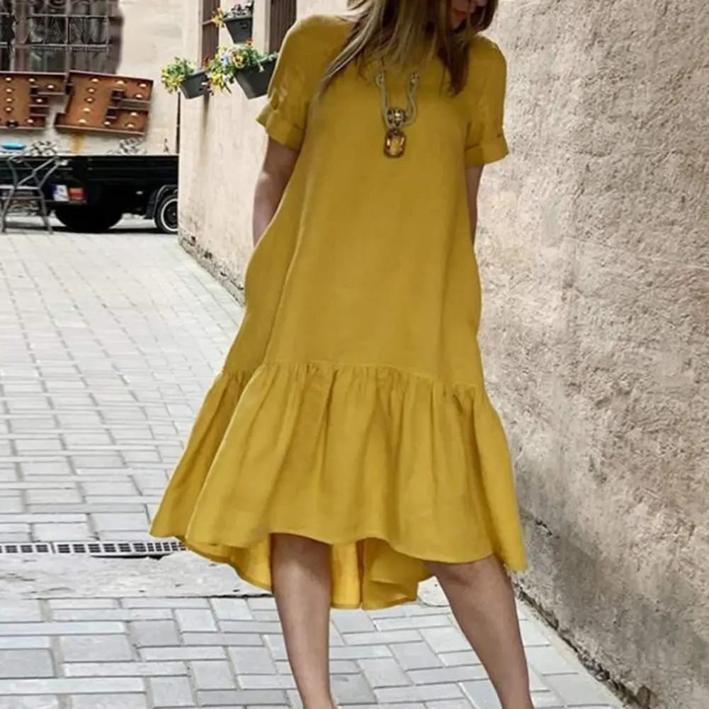Women Sundress Solid Color A-line Knee Length Casual Beach Midi Dress Summer O Neck Ruffle Hem Patchwork Short Sleeves