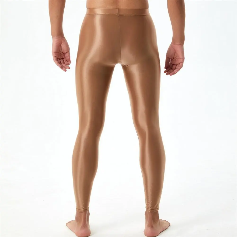 Men Jonhs Silky Glossy Leggings Sexy Yoga Sports Stretchy Skinny Pants Solid Color Workout Bottoms Trousers Compression Tights