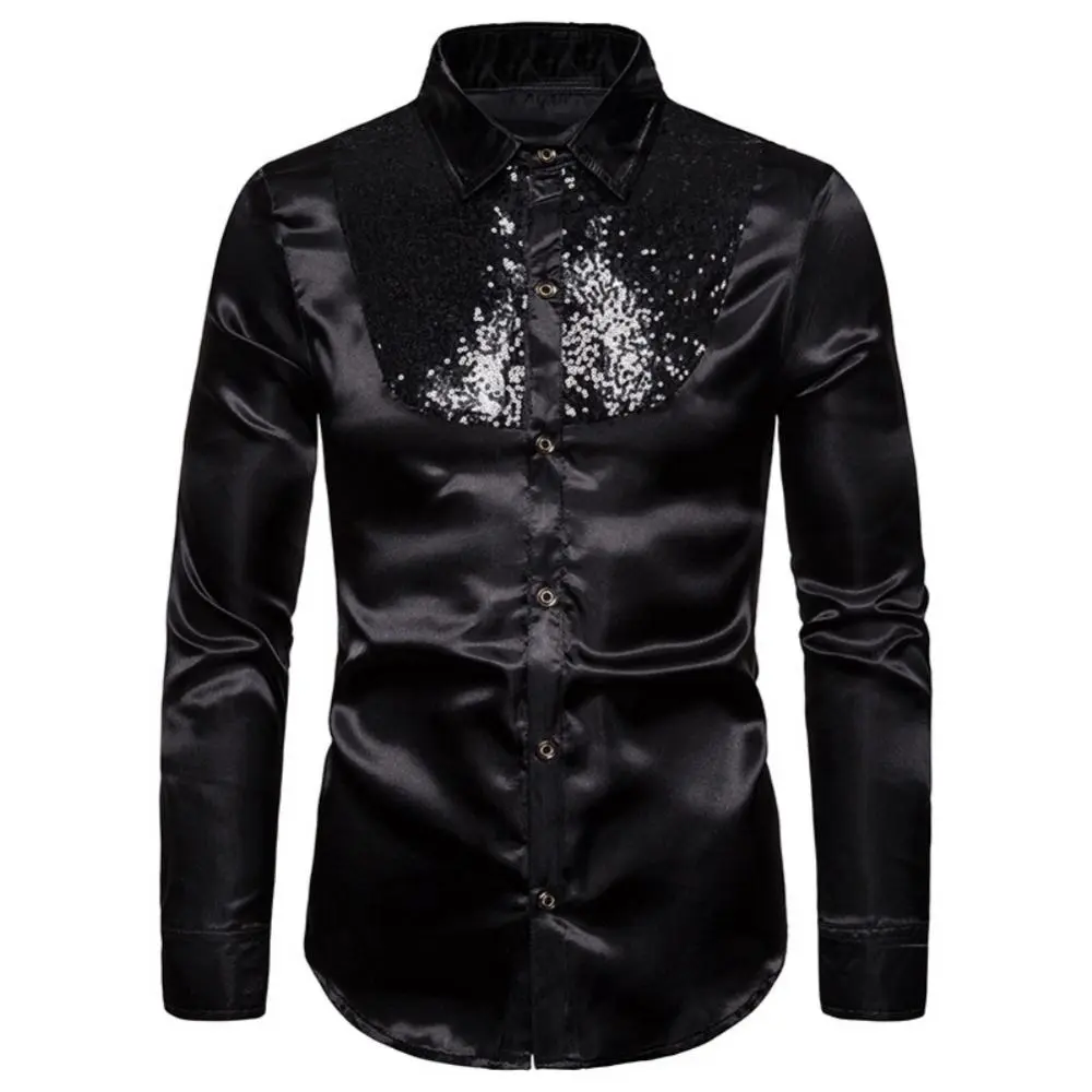 Shiny Sequins Men Shirt Long Sleeve Shiny Sequins Buttons Stage Business Nightchlub Shirt Solid Color Buttons Down Shirts