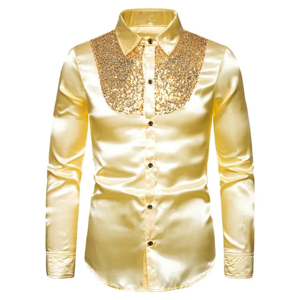 Shiny Sequins Men Shirt Long Sleeve Shiny Sequins Buttons Stage Business Nightchlub Shirt Solid Color Buttons Down Shirts