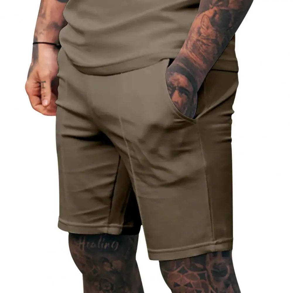 Men Breathable Summer Shorts Breathable Casual Shorts Men's Mid-rise Elastic Waist Wide Leg Shorts with Pockets Solid for Daily