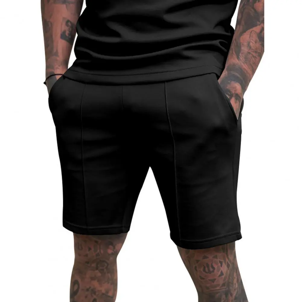 Men Breathable Summer Shorts Breathable Casual Shorts Men's Mid-rise Elastic Waist Wide Leg Shorts with Pockets Solid for Daily