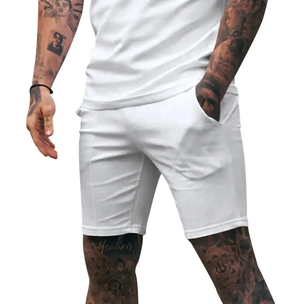 Men Breathable Summer Shorts Breathable Casual Shorts Men's Mid-rise Elastic Waist Wide Leg Shorts with Pockets Solid for Daily