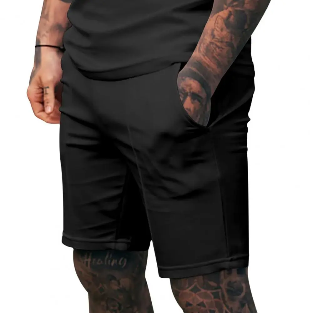 Men Breathable Summer Shorts Breathable Casual Shorts Men's Mid-rise Elastic Waist Wide Leg Shorts with Pockets Solid for Daily