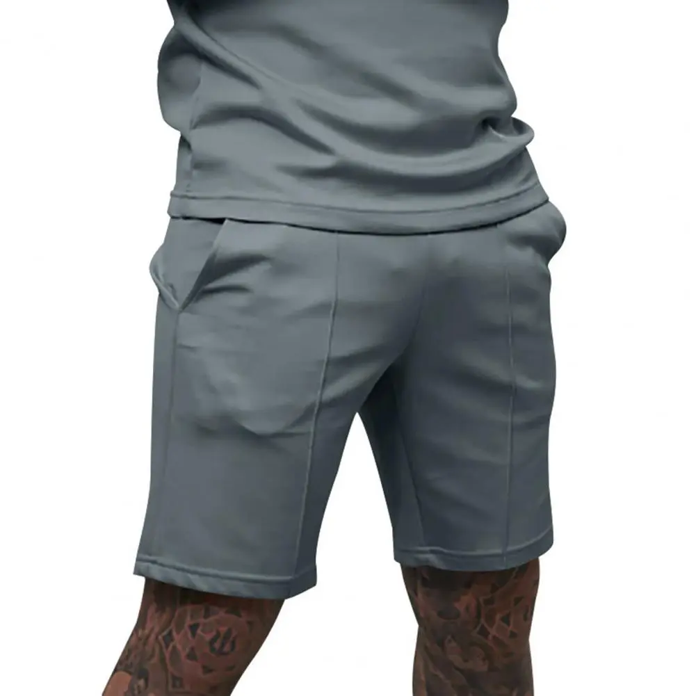 Men Breathable Summer Shorts Breathable Casual Shorts Men's Mid-rise Elastic Waist Wide Leg Shorts with Pockets Solid for Daily