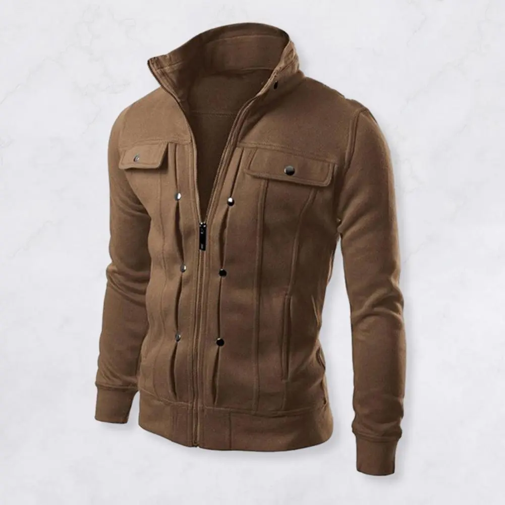 2025 M-4XL Men Spring Autumn Jacket with Buttons Zipper Closure Solid Color Stand Collar Long Sleeve Casual Jacket Outerwear