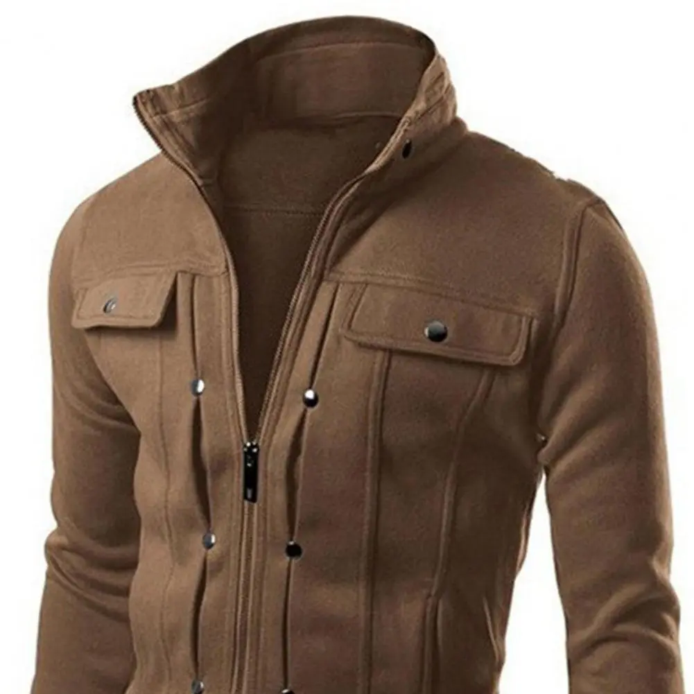 2025 M-4XL Men Spring Autumn Jacket with Buttons Zipper Closure Solid Color Stand Collar Long Sleeve Casual Jacket Outerwear