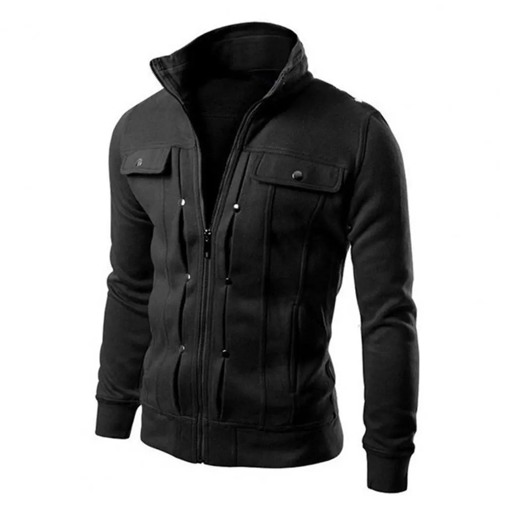 2025 M-4XL Men Spring Autumn Jacket with Buttons Zipper Closure Solid Color Stand Collar Long Sleeve Casual Jacket Outerwear
