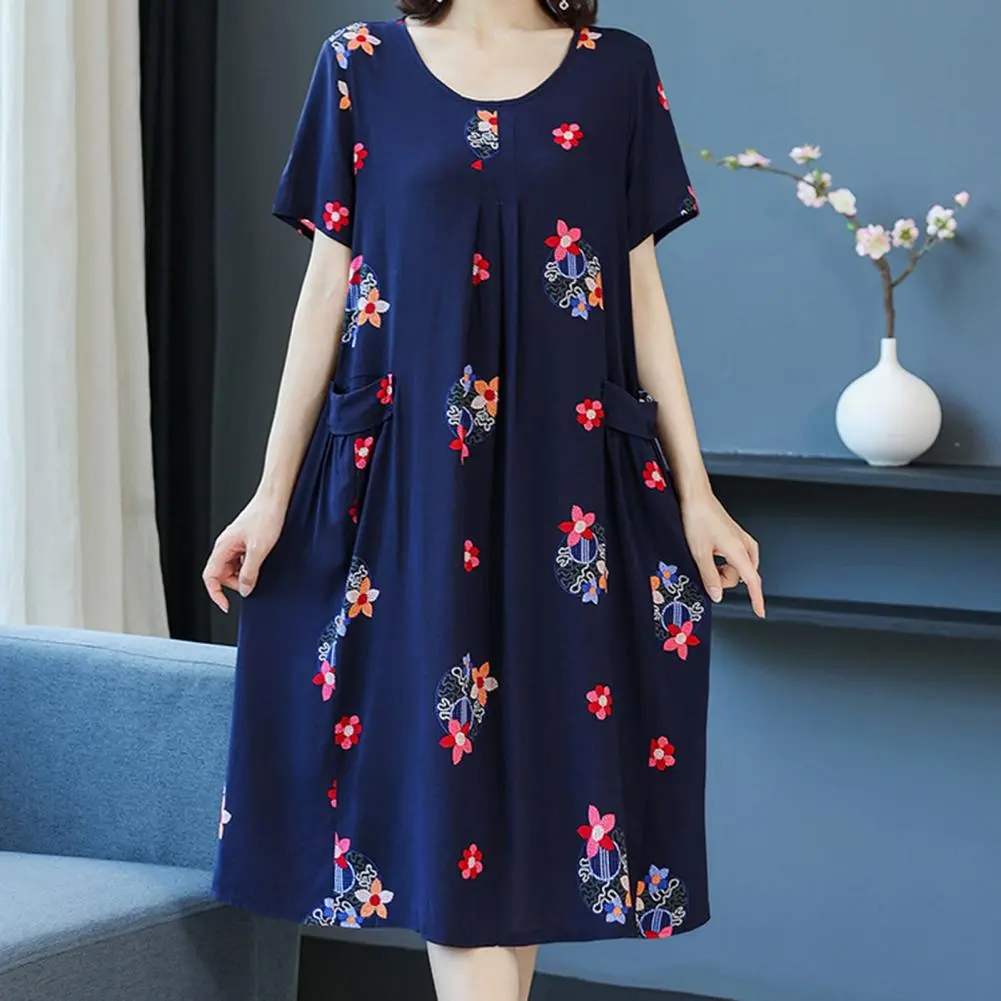 Mother Dress Flower Print Summer Dress O Neck Short Sleeve Pullover Mom Dress Loose Tunic Dresses Old Lady Pajamas Home Clothes