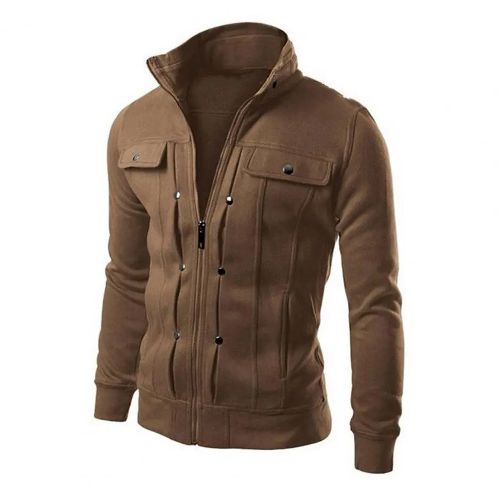 2025 M-4XL Men Spring Autumn Jacket with Buttons Zipper Closure Solid Color Stand Collar Long Sleeve Casual Jacket Outerwear