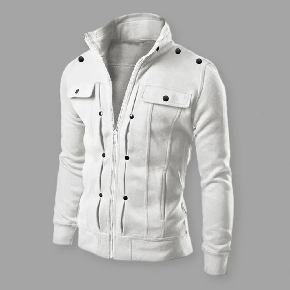 2025 M-4XL Men Spring Autumn Jacket with Buttons Zipper Closure Solid Color Stand Collar Long Sleeve Casual Jacket Outerwear