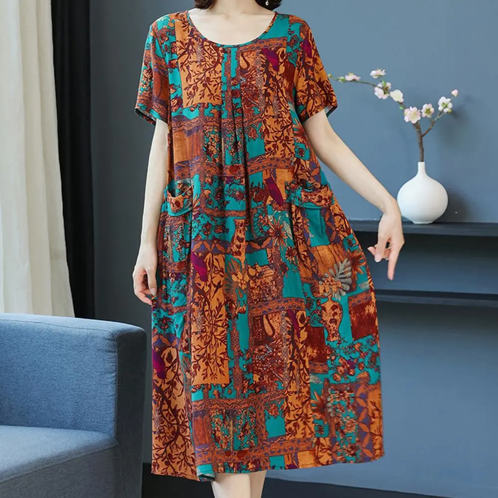 Mother Dress Flower Print Summer Dress O Neck Short Sleeve Pullover Mom Dress Loose Tunic Dresses Old Lady Pajamas Home Clothes