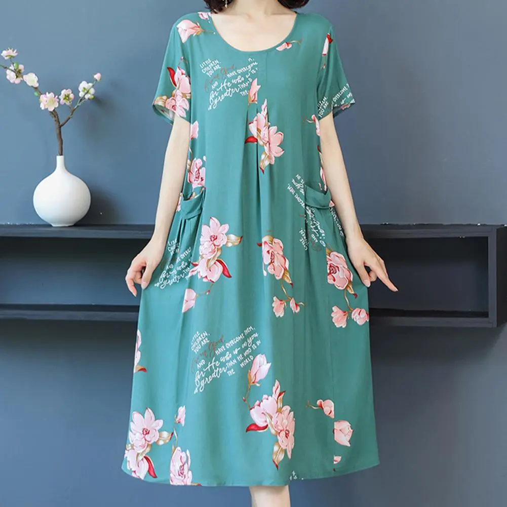 Mother Dress Flower Print Summer Dress O Neck Short Sleeve Pullover Mom Dress Loose Tunic Dresses Old Lady Pajamas Home Clothes