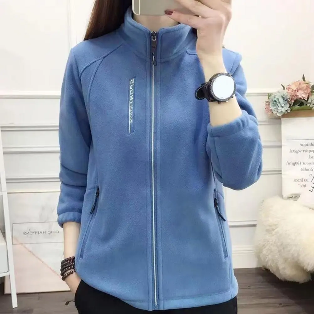 Double-Sided Velvet Jacket Two Side Zipper Pockets Women Fleece Jacket Coral Fleece Warm Coat Stand Collar Plush Thick Overcoat