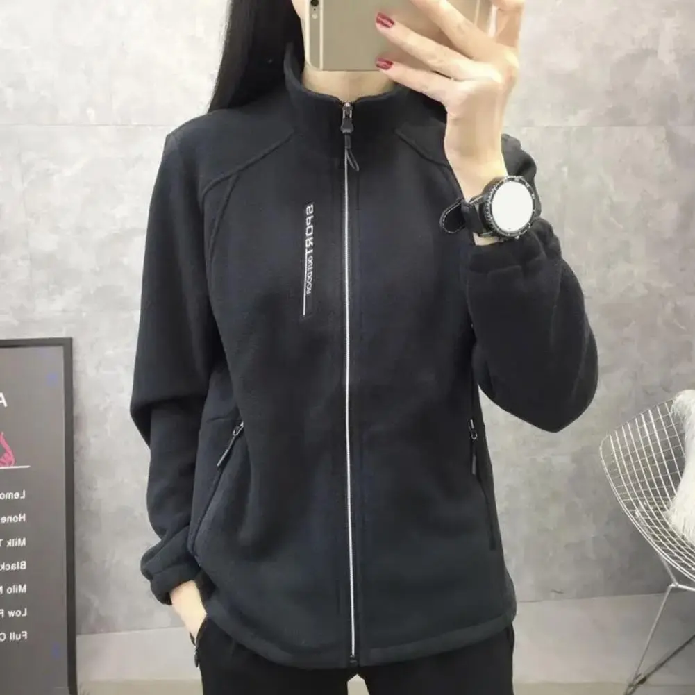 Double-Sided Velvet Jacket Two Side Zipper Pockets Women Fleece Jacket Coral Fleece Warm Coat Stand Collar Plush Thick Overcoat