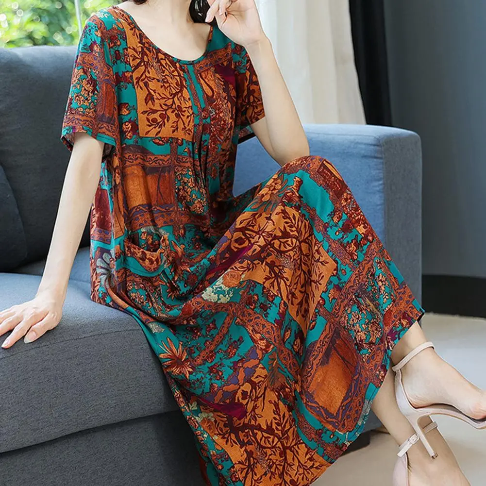 Mother Dress Flower Print Summer Dress O Neck Short Sleeve Pullover Mom Dress Loose Tunic Dresses Old Lady Pajamas Home Clothes