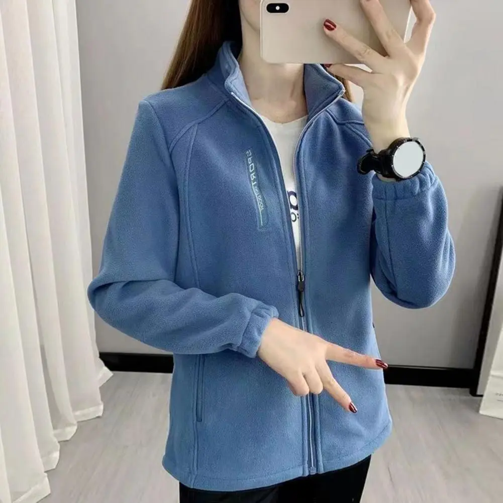 Double-Sided Velvet Jacket Two Side Zipper Pockets Women Fleece Jacket Coral Fleece Warm Coat Stand Collar Plush Thick Overcoat