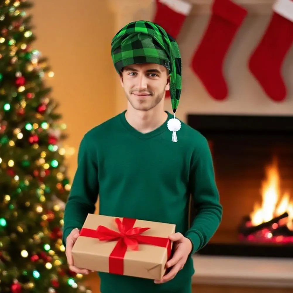 High-quality Christmas Hat Light Christmas Hat Buffalo Plaid Santa Hat with Pom Ball Tassel for Men's Night Sleeping for Winter