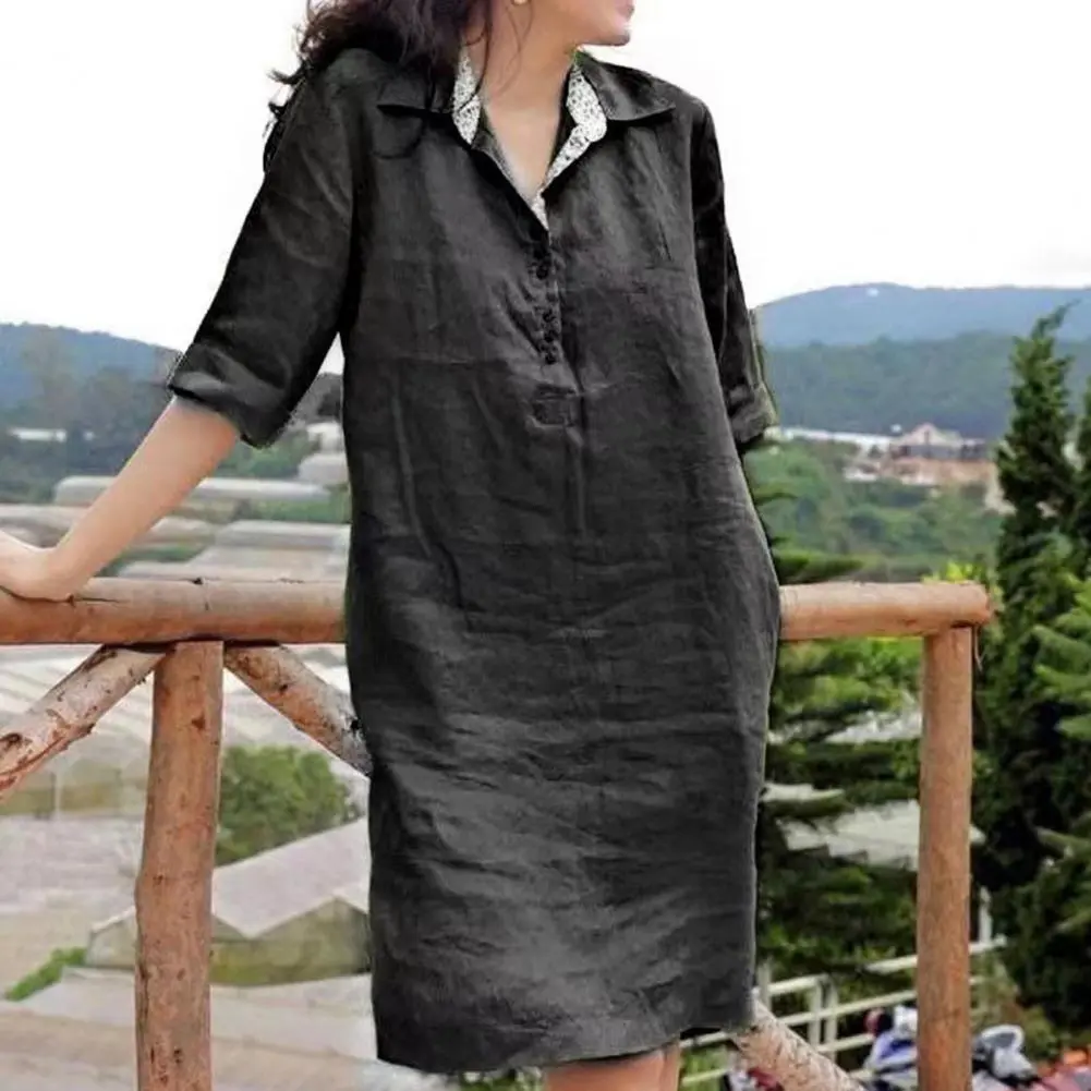 Retro Texture Solid Color Loose Dress Buttons Neckline Half Sleeve V-neck Lapel Shirt Dress Party Beach Female Midi Dress